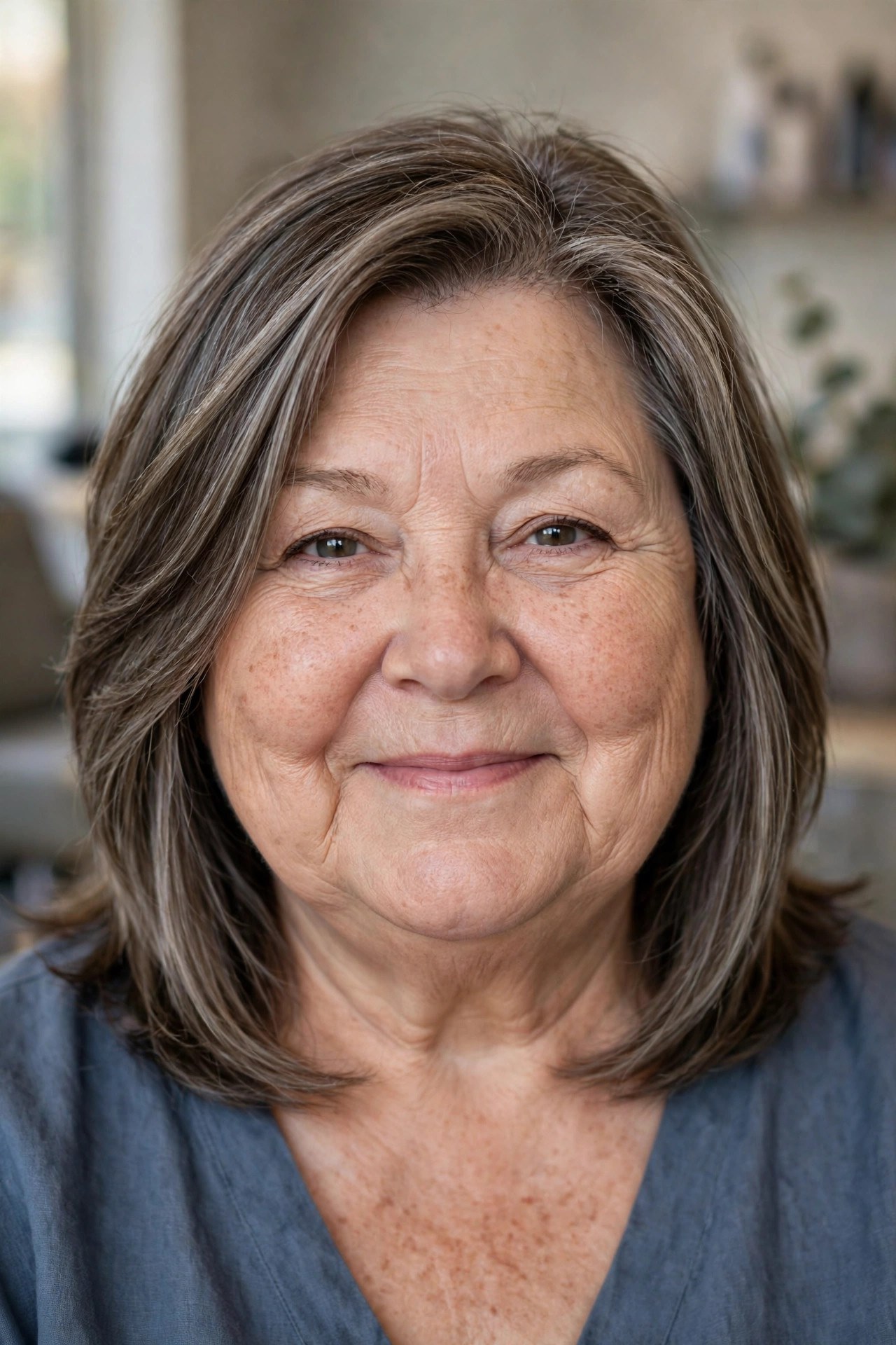 Collarbone Bob with Angled Layers on a woman over 50 with a round face - bob cut that adds angles