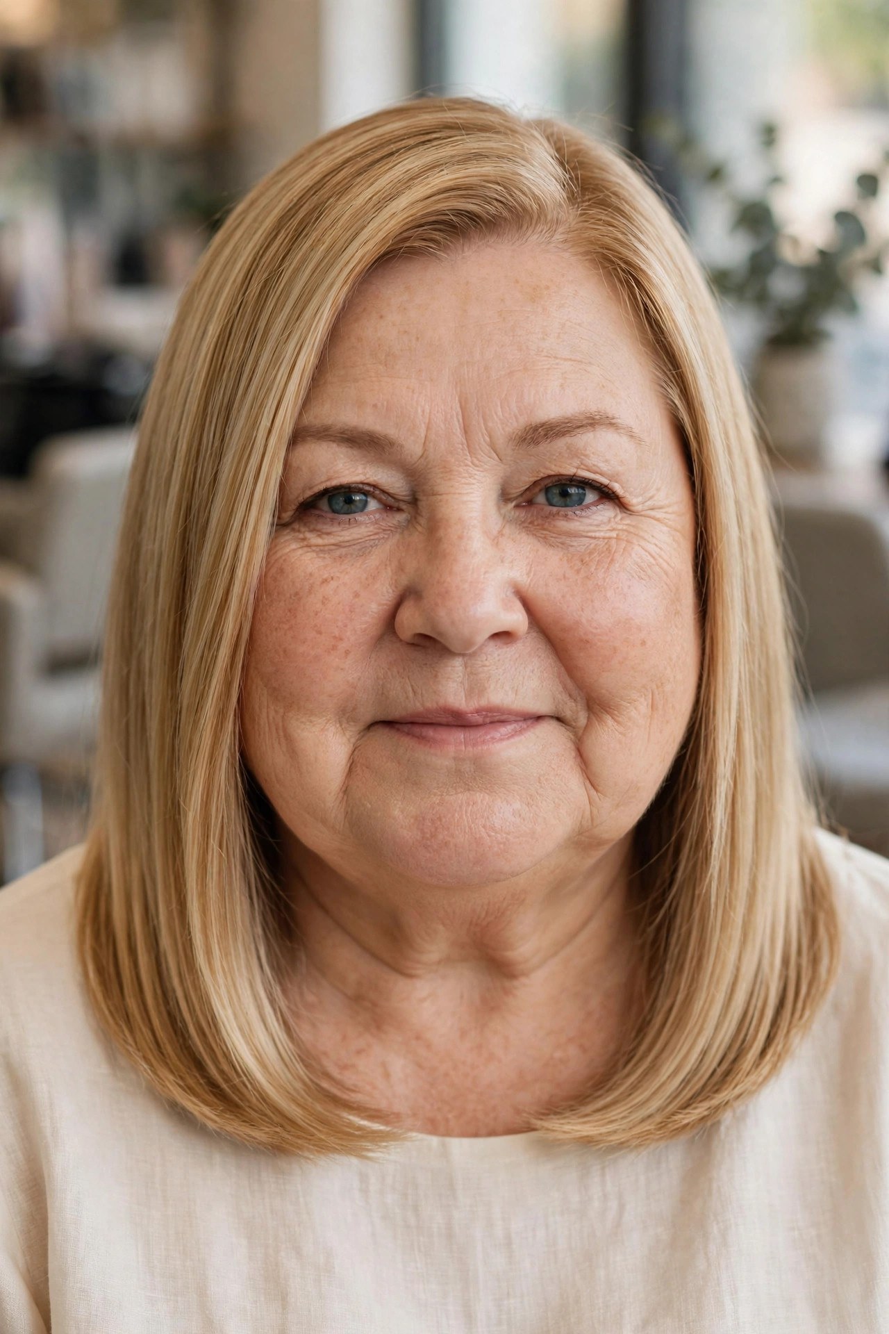 Long Bob Past the Chin on a woman over 50 with a round face - bob cut that adds angles