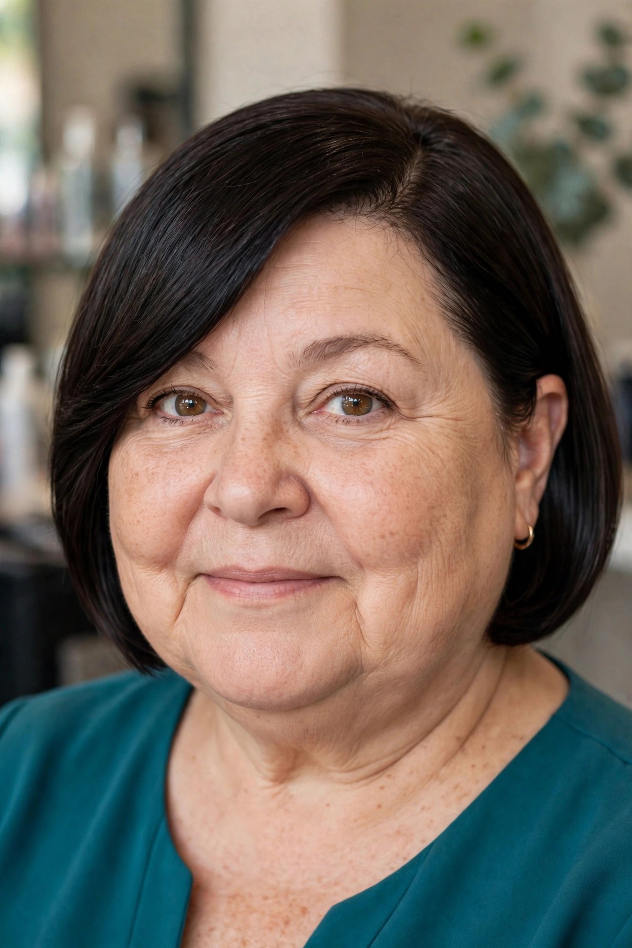 Deep Side-Parted Sleek Bob on a woman over 50 with a round face - bob cut that adds angles