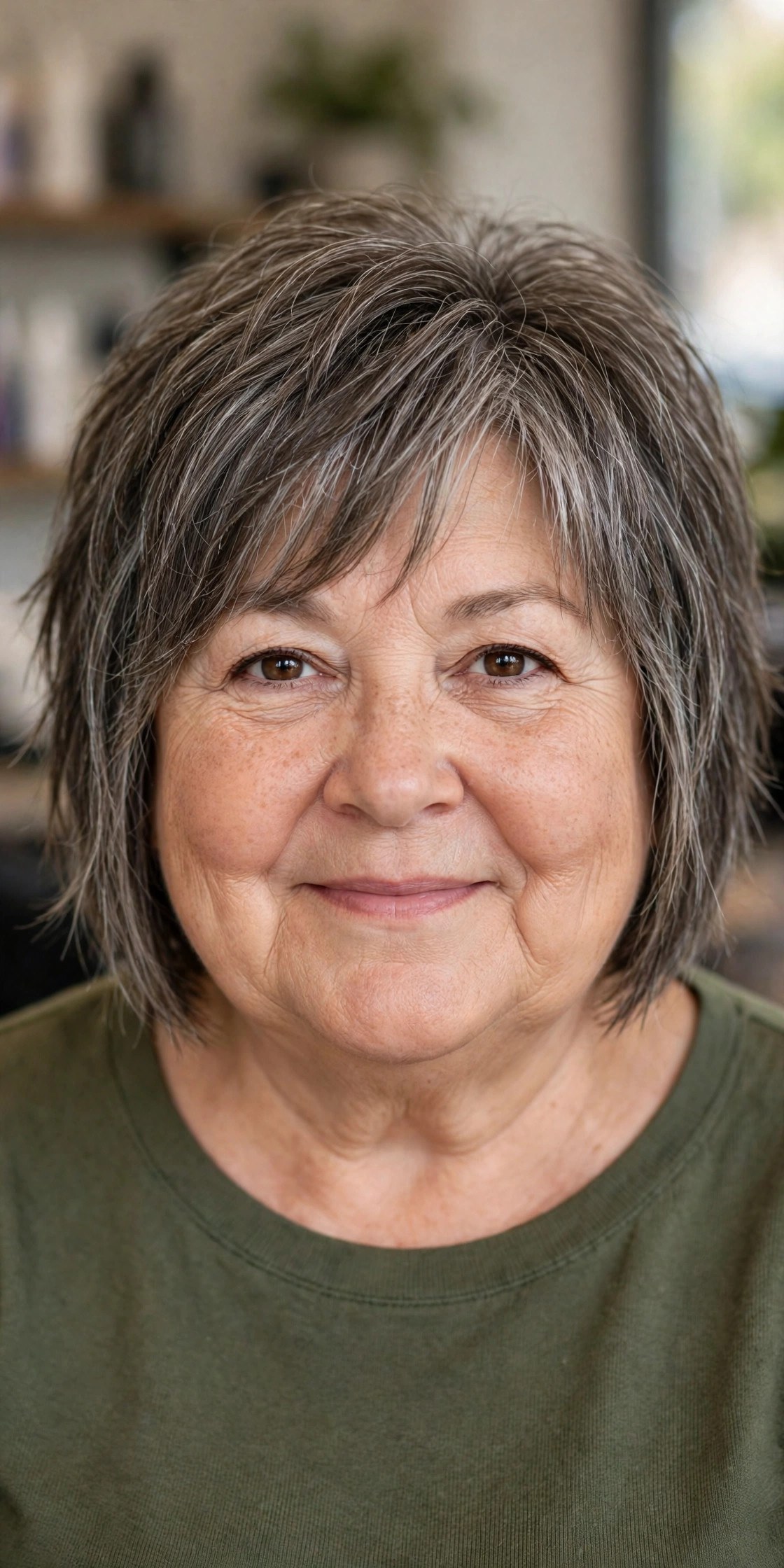 Choppy Textured Bob with Vertical Layers on a woman over 50 with a round face - bob cut that adds angles