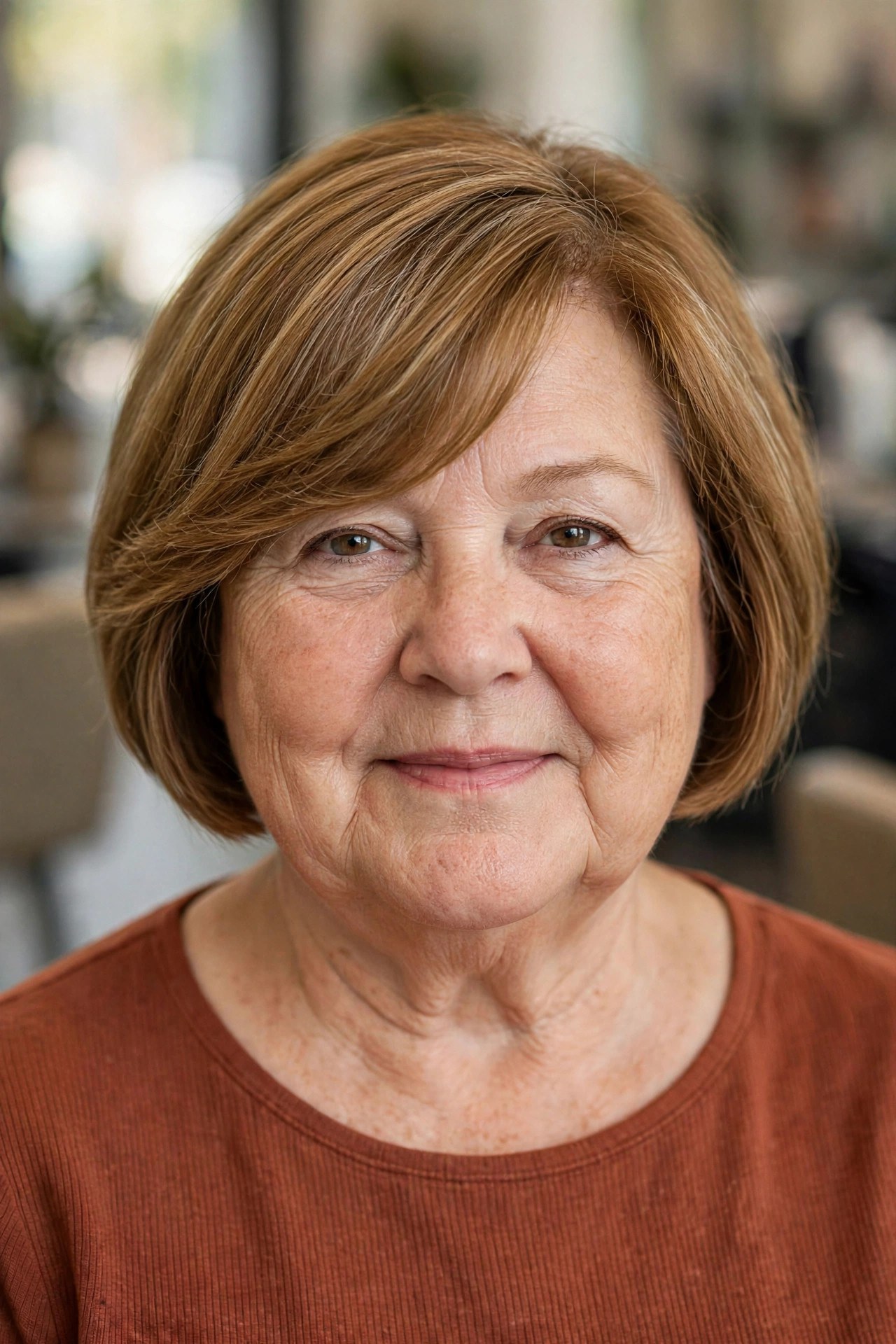 Inverted Bob with Side-Swept Fringe on a woman over 50 with a round face - bob cut that adds angles