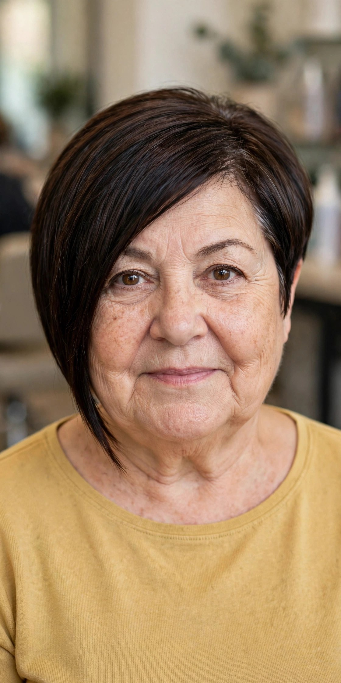 Diagonal-Forward Bob on a woman over 50 with a round face - bob cut that adds angles
