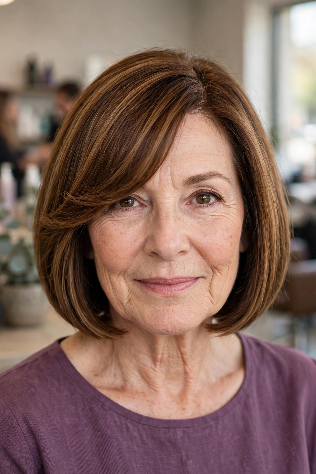 Bob with Side-Swept Bangs hairstyle on a woman over 50 - bob haircuts for women over 50