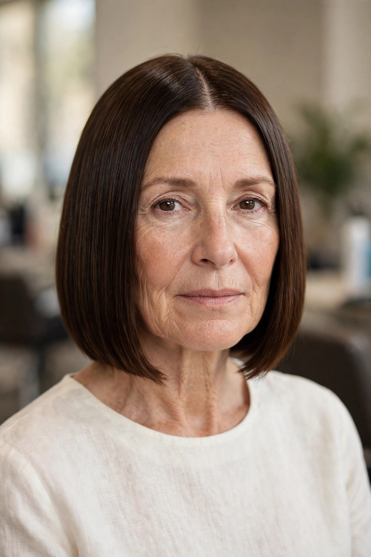 Sleek Bob with a Center Part hairstyle on a woman over 50 - bob haircuts for women over 50