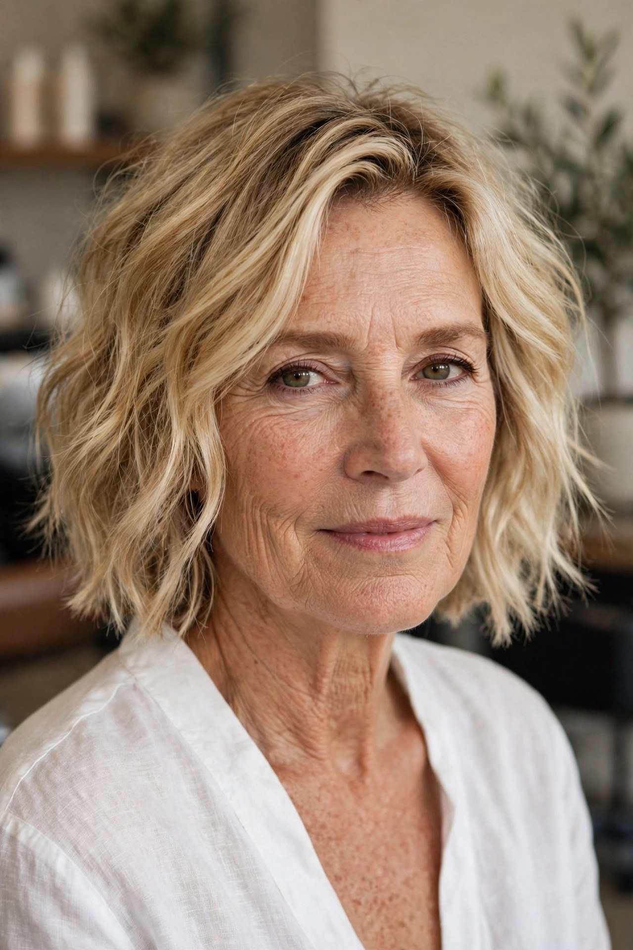 Tousled Beach-Wave Bob hairstyle on a woman over 50 - bob haircuts for women over 50