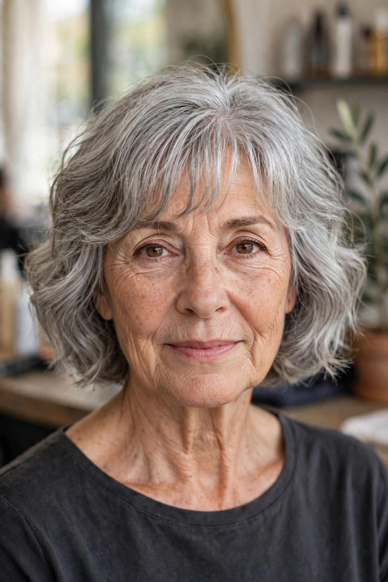 Wavy French Bob with Natural Gray hairstyle on a woman over 50 - bob haircuts for women over 50