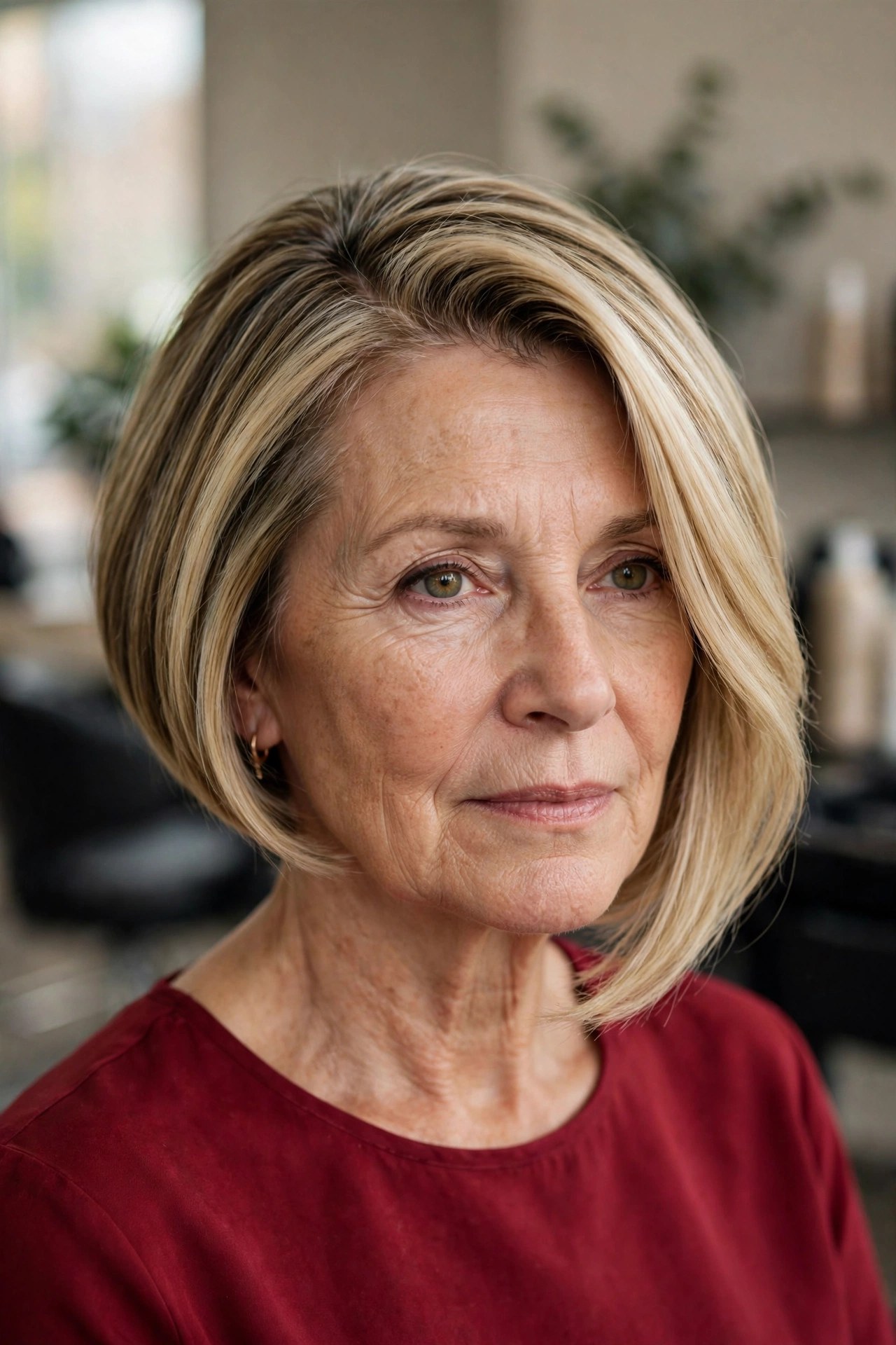 Angled Bob with a Deep Side Part hairstyle on a woman over 50 - bob haircuts for women over 50