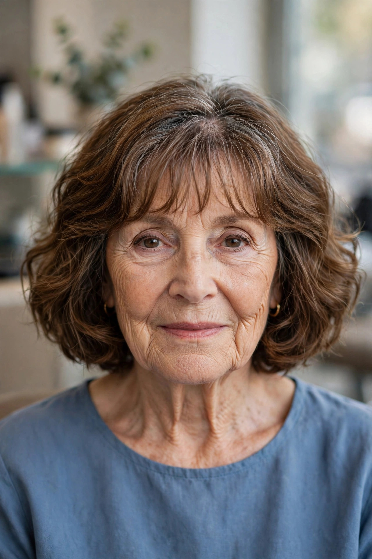Wavy Bob With Wispy Bangs — woman over 60 with thick wavy hair