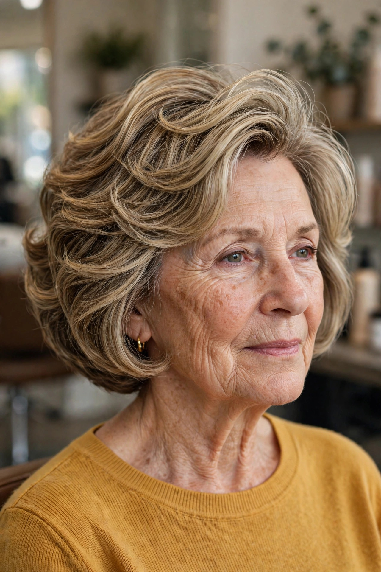 Rounded Wavy Bob With Crown Layers — woman over 60 with thick wavy hair
