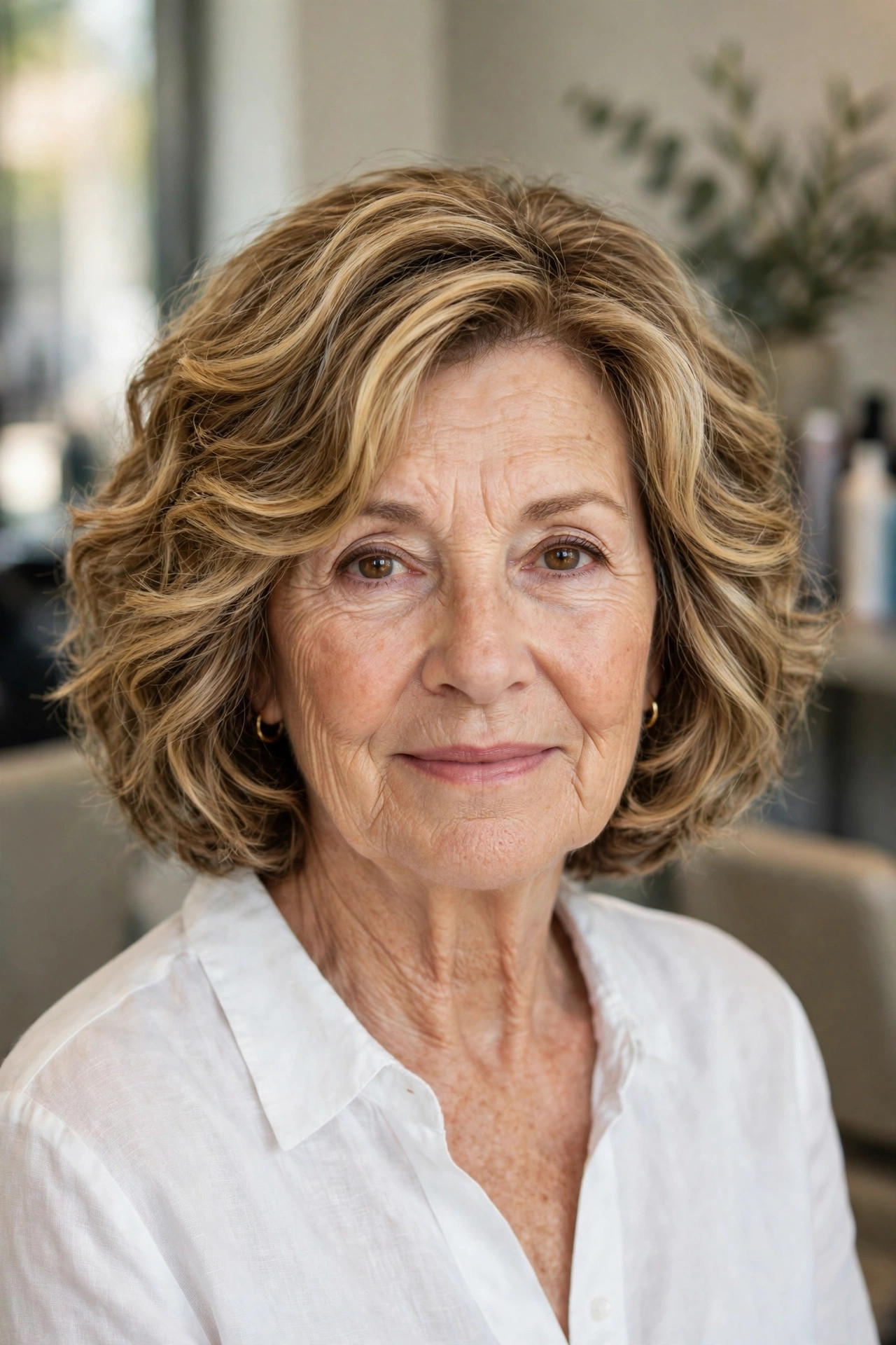 Honey-Blonde Highlighted Wavy Bob — woman over 60 with thick wavy hair