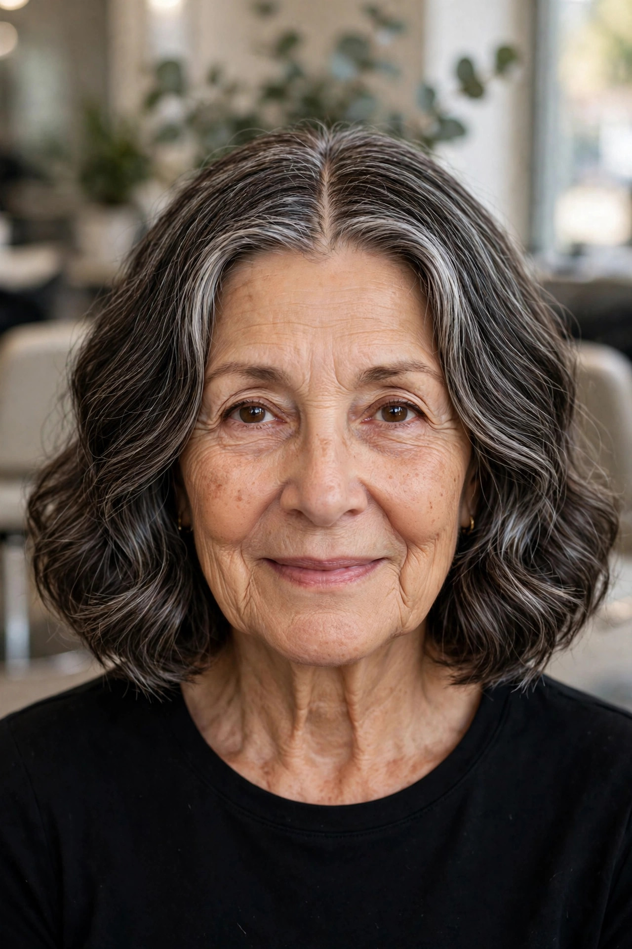 Salt-and-Pepper Wavy Bob With a Center Part — woman over 60 with thick wavy hair