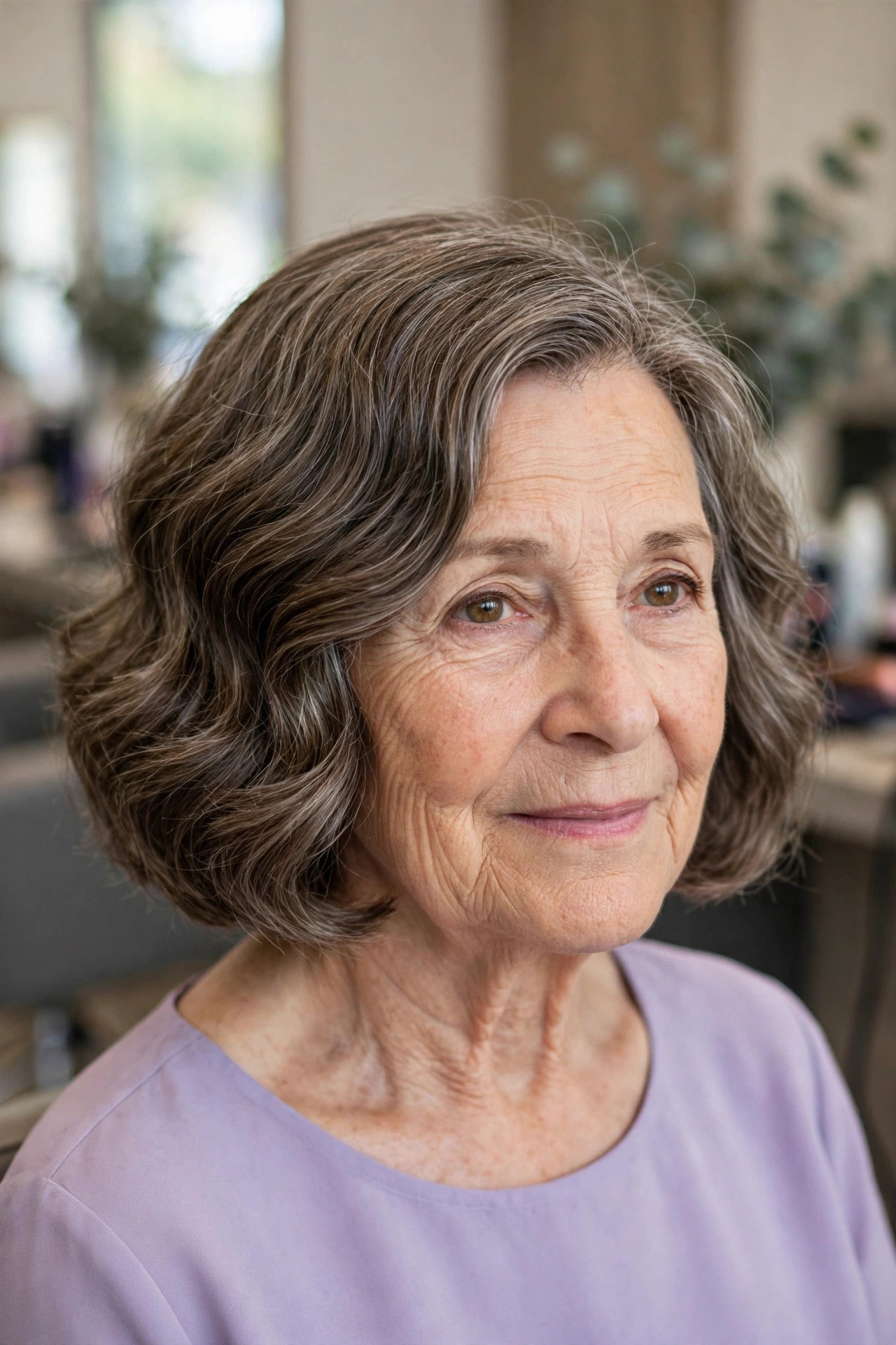 Curved-Under Wavy Bob With a Smooth Perimeter — woman over 60 with thick wavy hair
