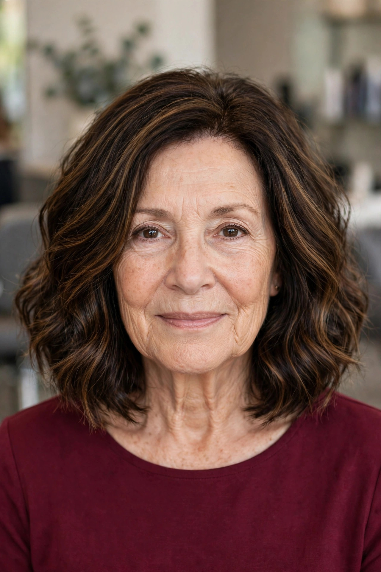 Long-Front A-Line Wavy Bob — woman over 60 with thick wavy hair