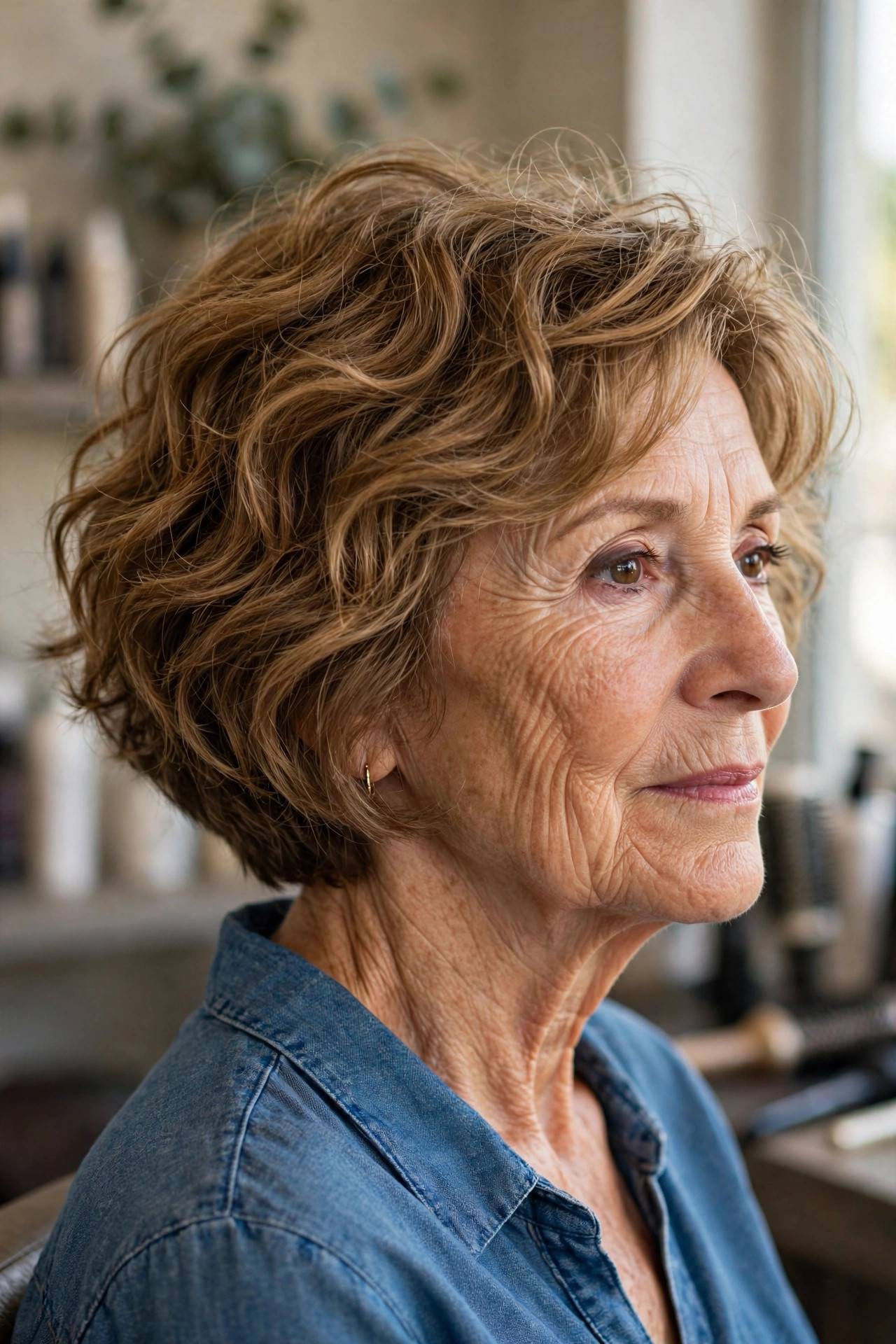 Tousled Beach-Wave Bob With Debulked Sides — woman over 60 with thick wavy hair