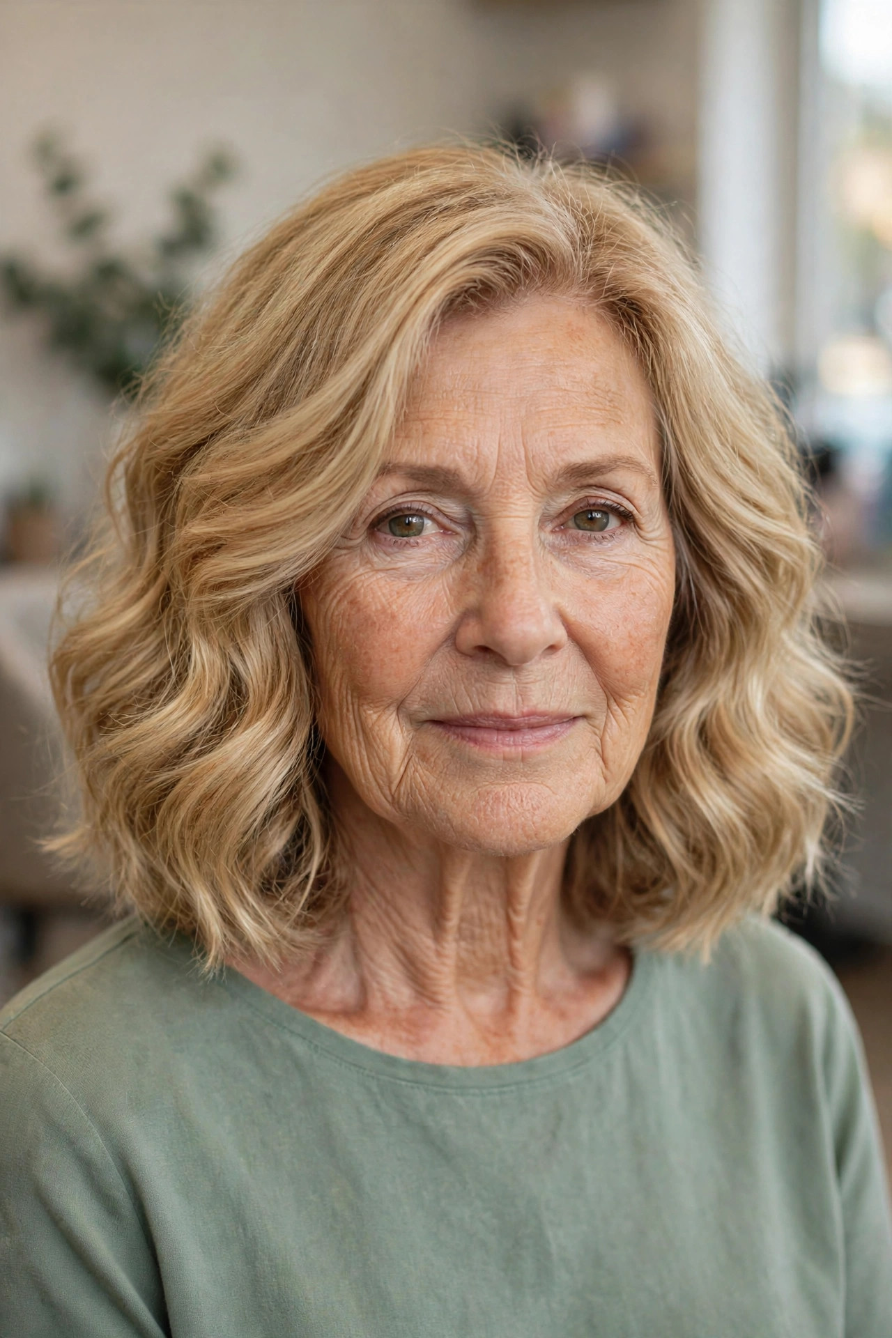 Collarbone Wavy Lob With Long Layers — woman over 60 with thick wavy hair