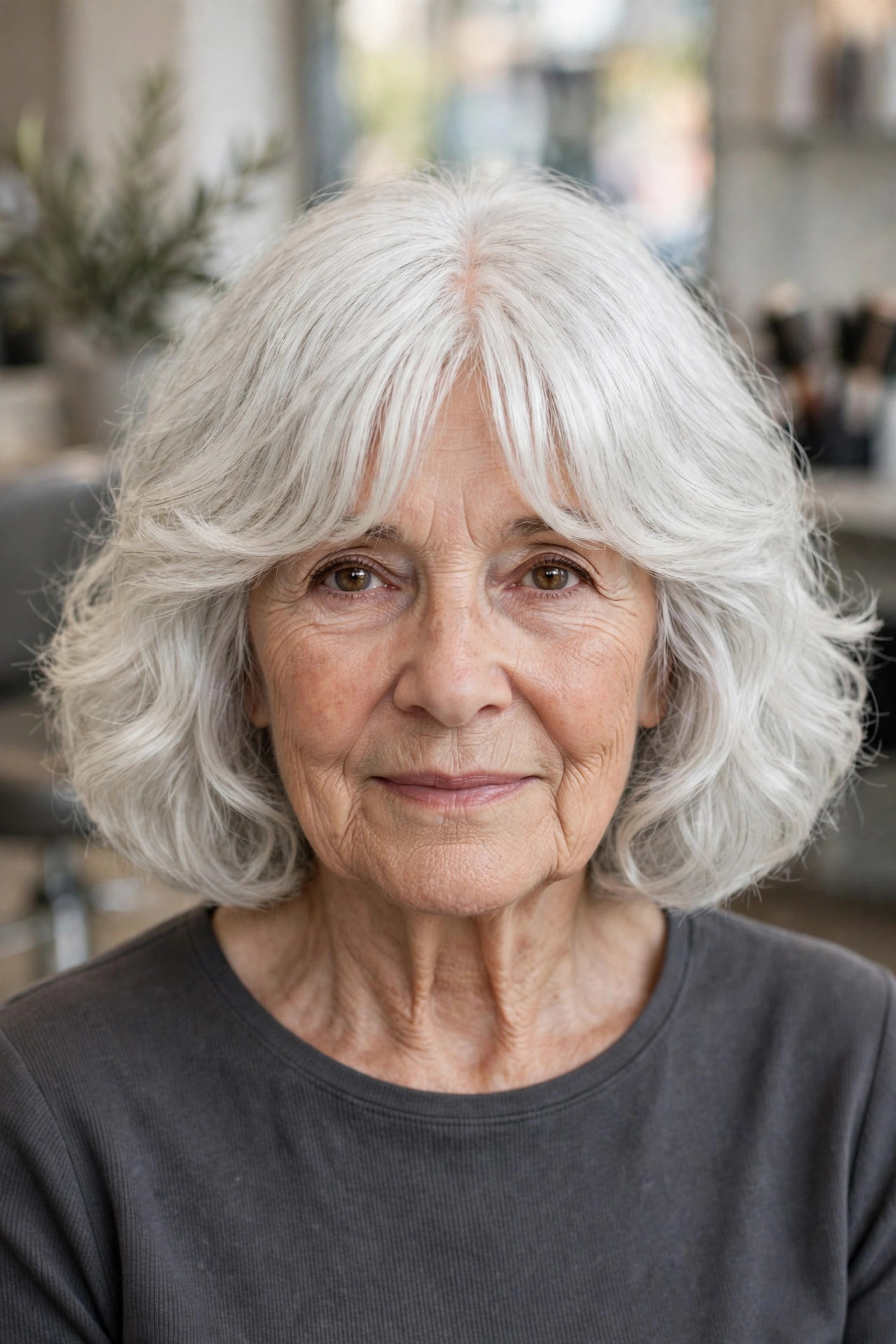 Silver Wavy Bob With a Soft Curtain Fringe — woman over 60 with thick wavy hair