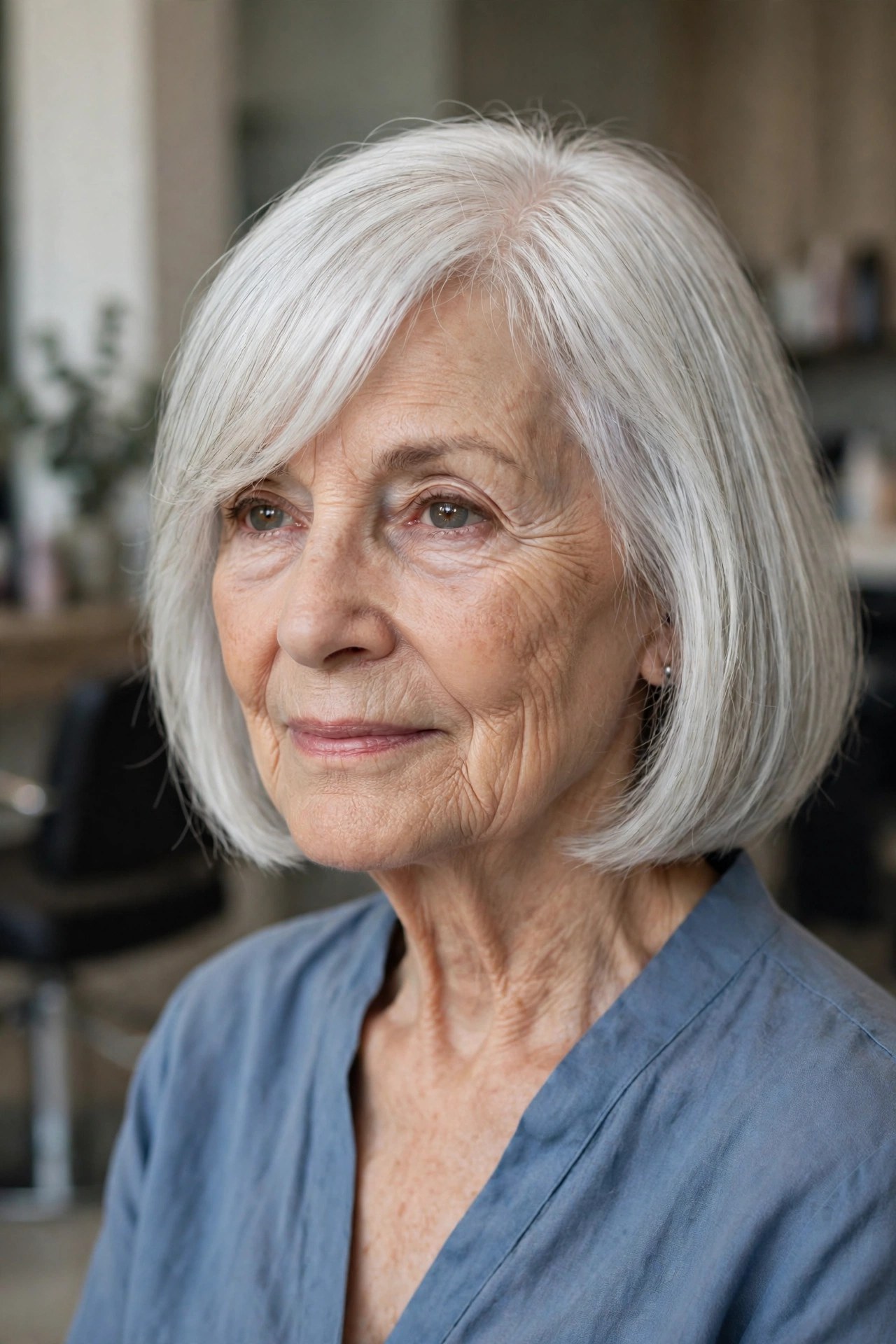 Bob with Side-Swept Bangs on a woman over 60 - timeless bob hairstyle