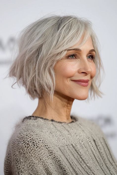 Chin Bob with Face-Framing Lightness — classic elegant bob hairstyle on a woman over 70 with gray hair