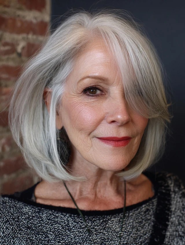 Smooth Bob Tucked Behind the Ears — classic elegant bob hairstyle on a woman over 70 with gray hair