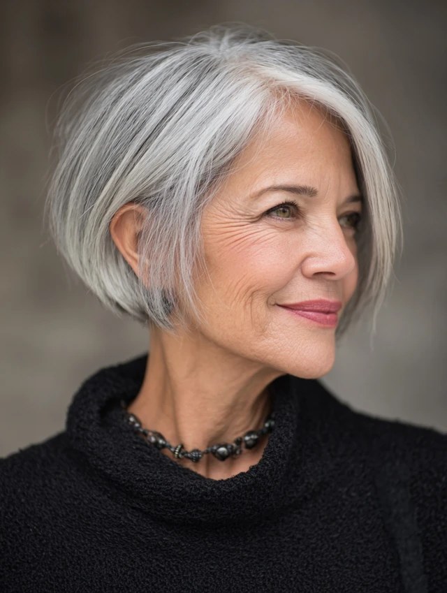 Classic Bob with a Subtle Stacked Nape — classic elegant bob hairstyle on a woman over 70 with gray hair