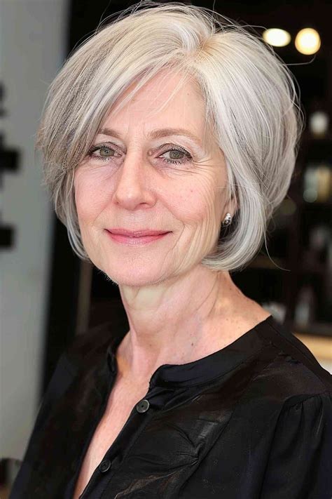 Side-Parted Bob with Root Lift — classic elegant bob hairstyle on a woman over 70 with gray hair