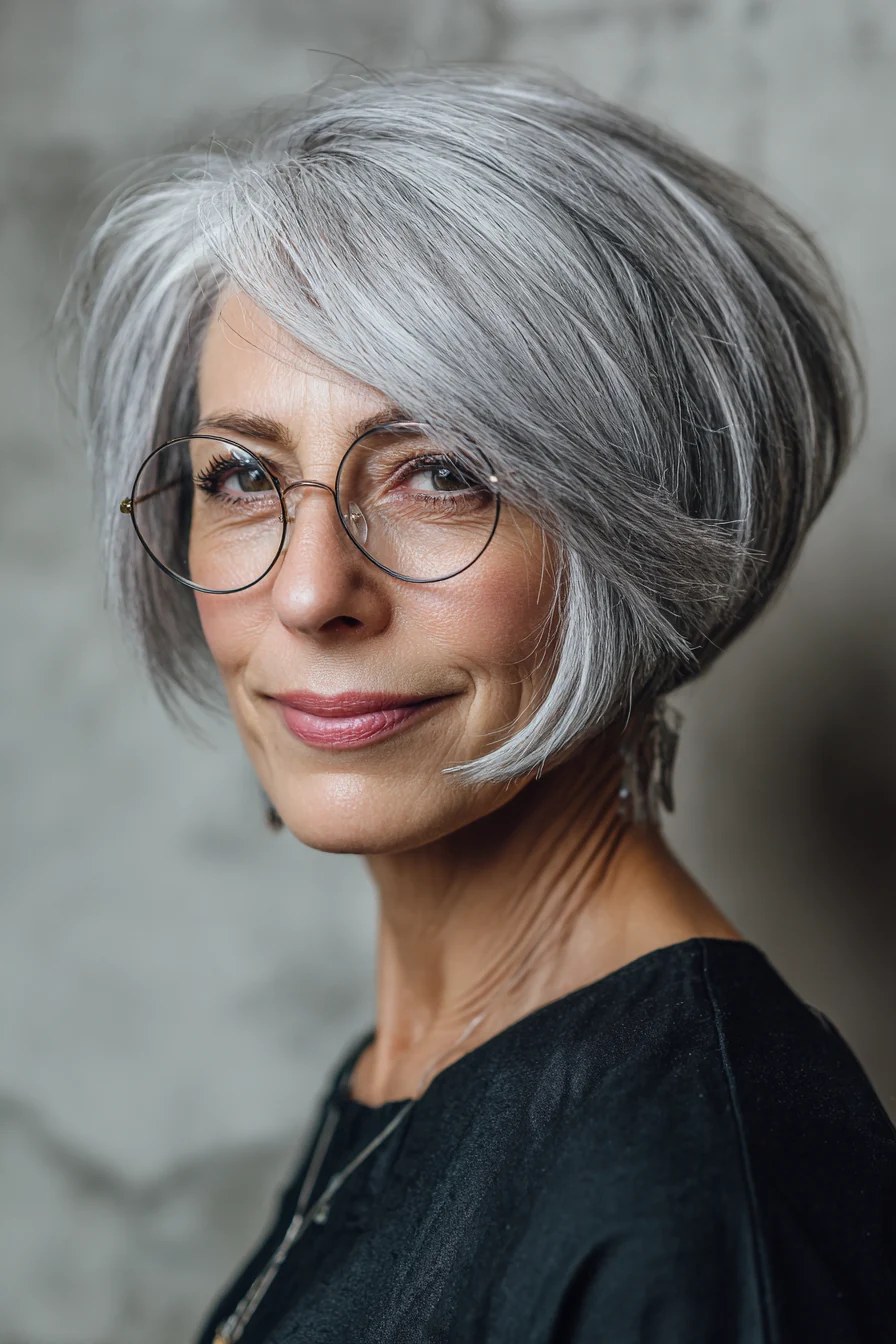 Bob with a Curtain Fringe — classic elegant bob hairstyle on a woman over 70 with gray hair