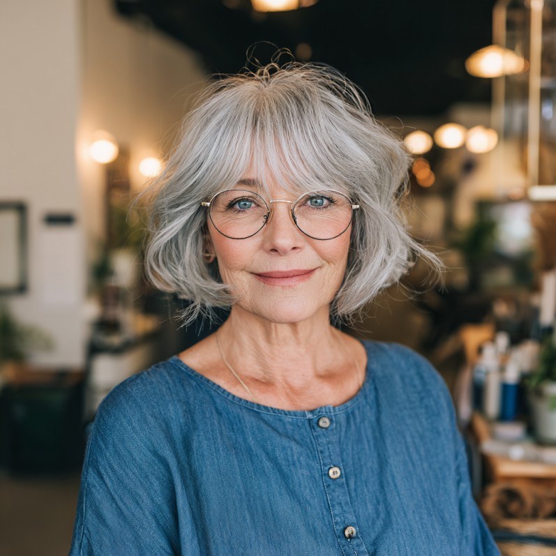 Rounded Bob That Softens a Strong Jaw — classic elegant bob hairstyle on a woman over 70 with gray hair