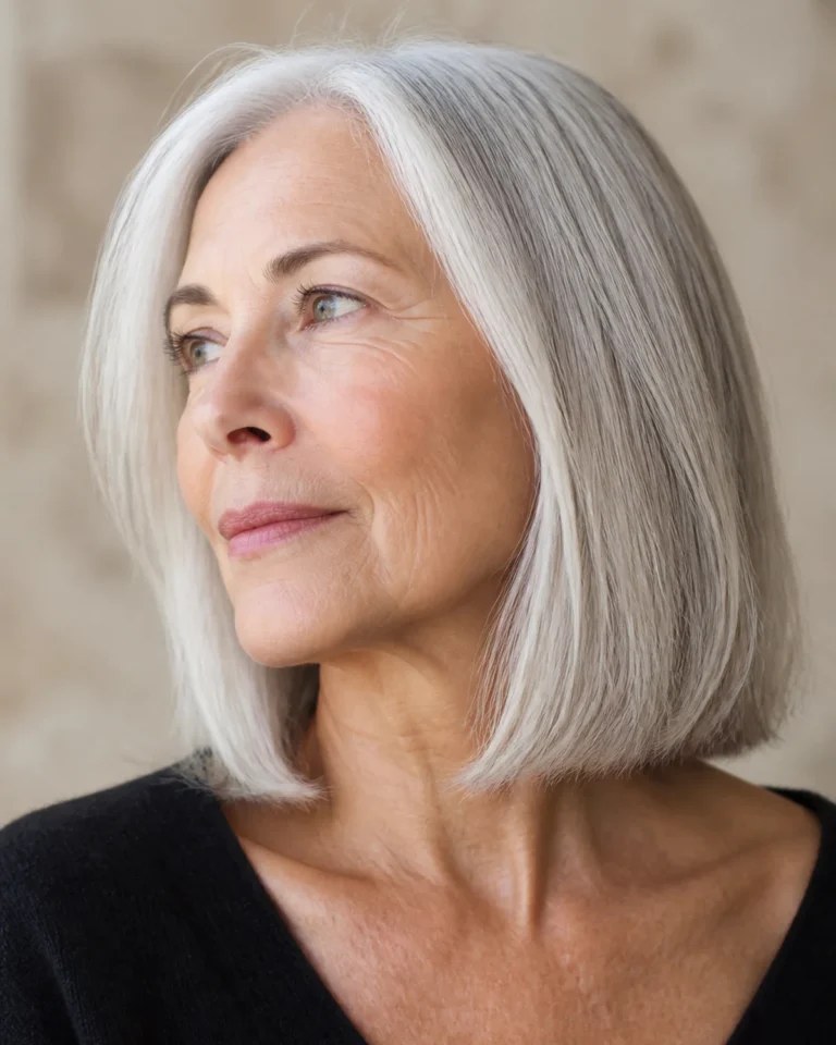 Soft Layered Gray Bob — classic elegant bob hairstyle on a woman over 70 with gray hair