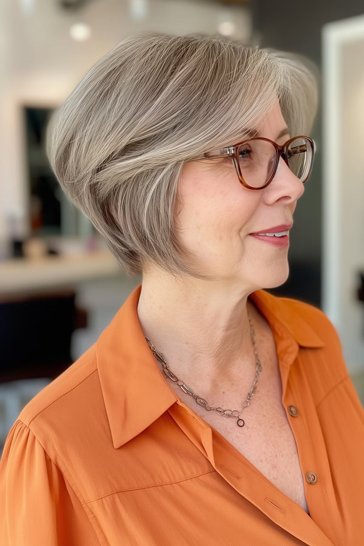Elegant Long Bob at the Collarbone — classic elegant bob hairstyle on a woman over 70 with gray hair