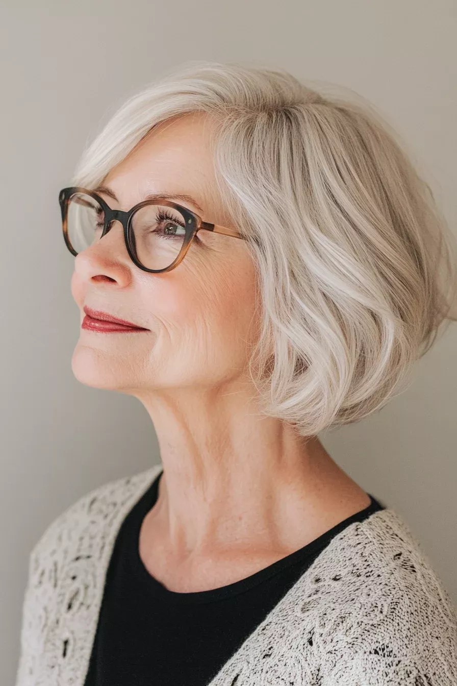 Textured-End Bob for Coarse Gray Hair — classic elegant bob hairstyle on a woman over 70 with gray hair