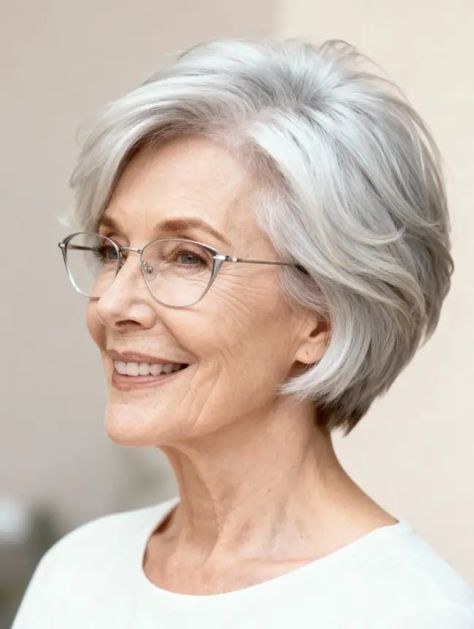 Bob with Hidden Layers for Movement — classic elegant bob hairstyle on a woman over 70 with gray hair