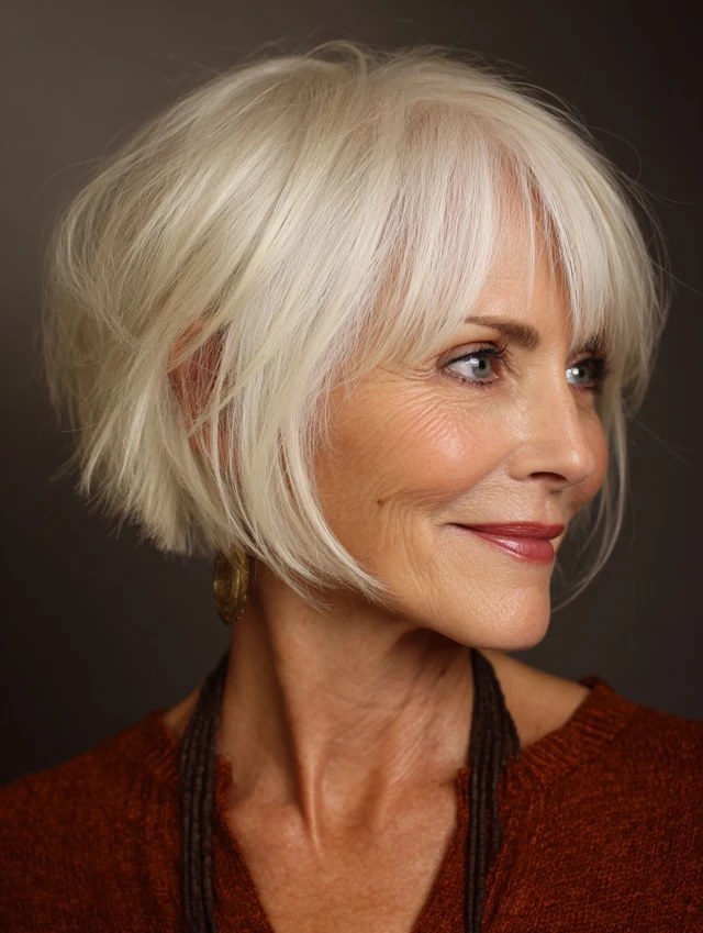 Pearl-White Bob with a Glossy Finish — classic elegant bob hairstyle on a woman over 70 with gray hair