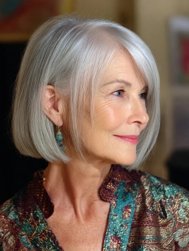 Timeless Beveled Bob — classic elegant bob hairstyle on a woman over 70 with gray hair