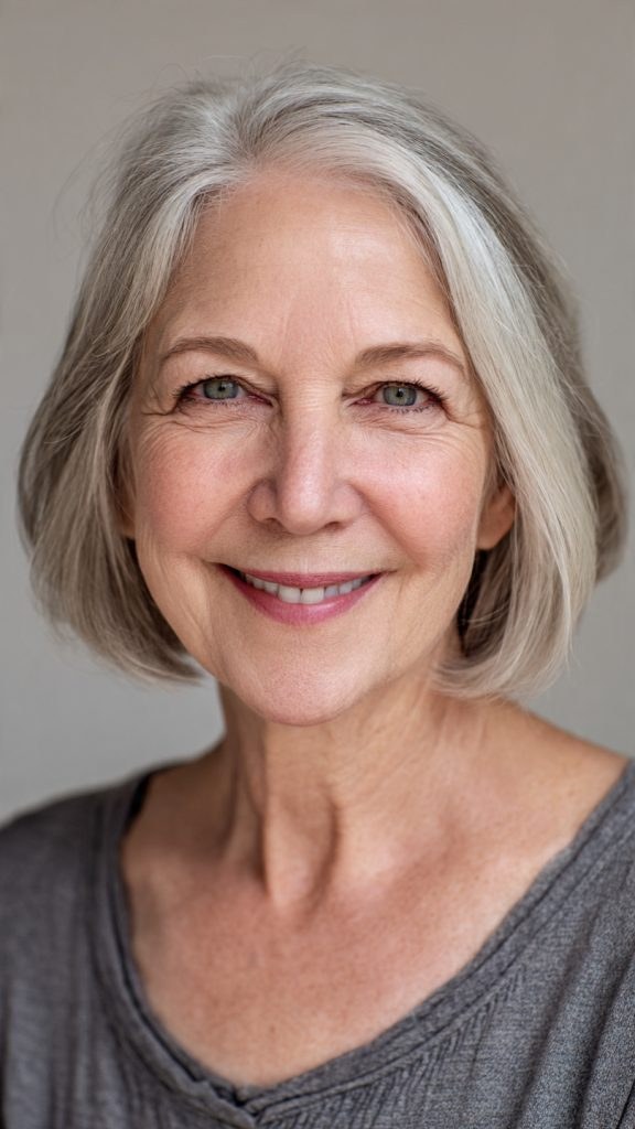 Sleek One-Length Bob with a Center Part — classic elegant bob hairstyle on a woman over 70 with gray hair