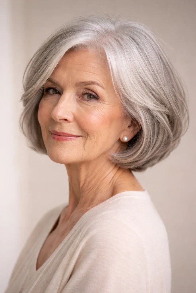 Gentle Rounded Bob with a Side Sweep — classic elegant bob hairstyle on a woman over 70 with gray hair