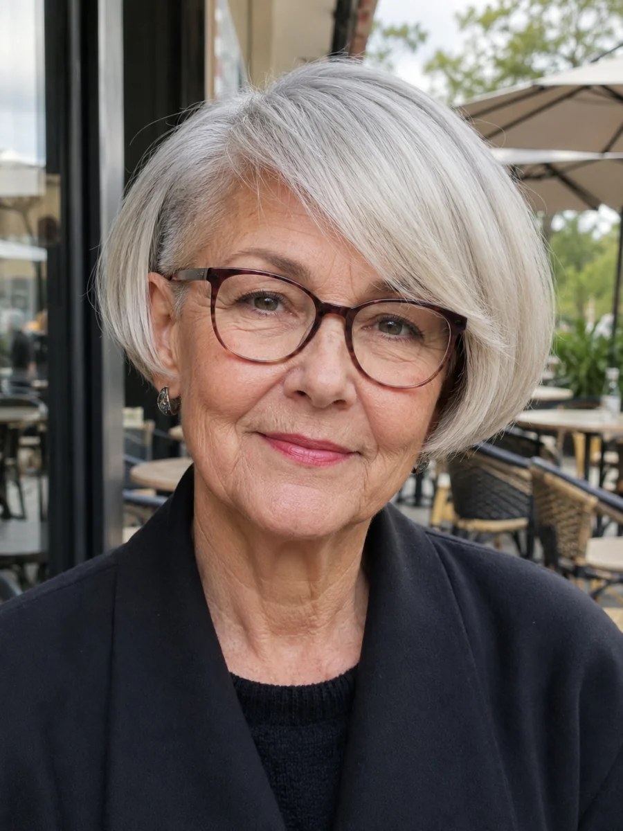 Polished Bob with Wispy Bangs — classic elegant bob hairstyle on a woman over 70 with gray hair