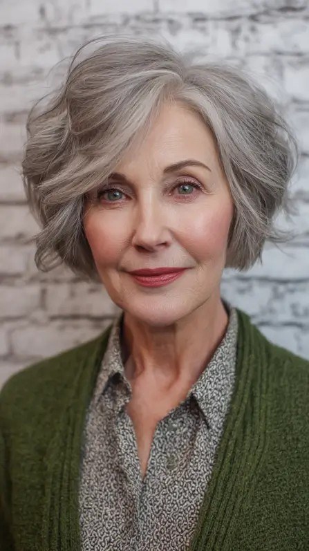 Lifted-Crown Bob for Finer Hair — classic elegant bob hairstyle on a woman over 70 with gray hair