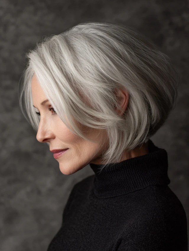 Curved-Under Bob with a Soft Fringe — classic elegant bob hairstyle on a woman over 70 with gray hair
