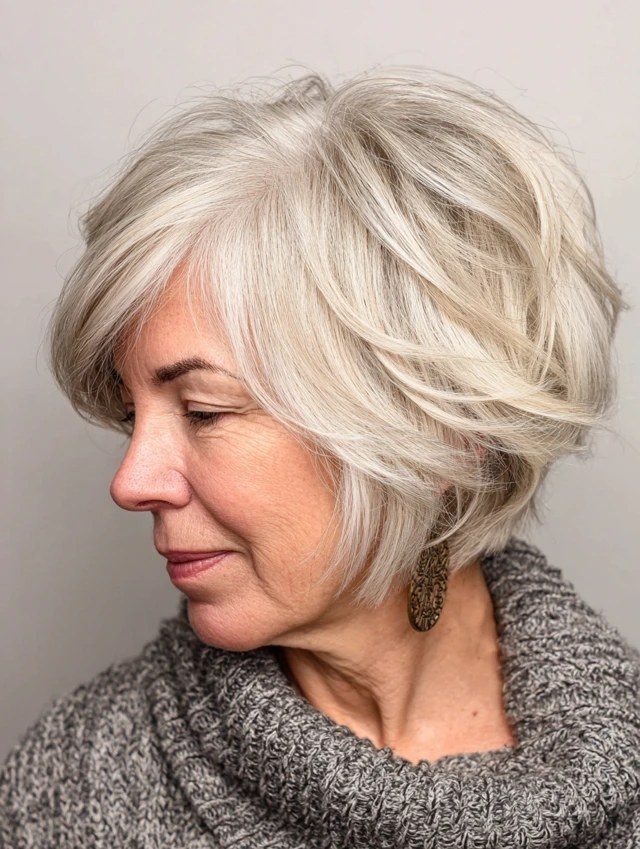Salt-and-Pepper Layered Bob — classic elegant bob hairstyle on a woman over 70 with gray hair