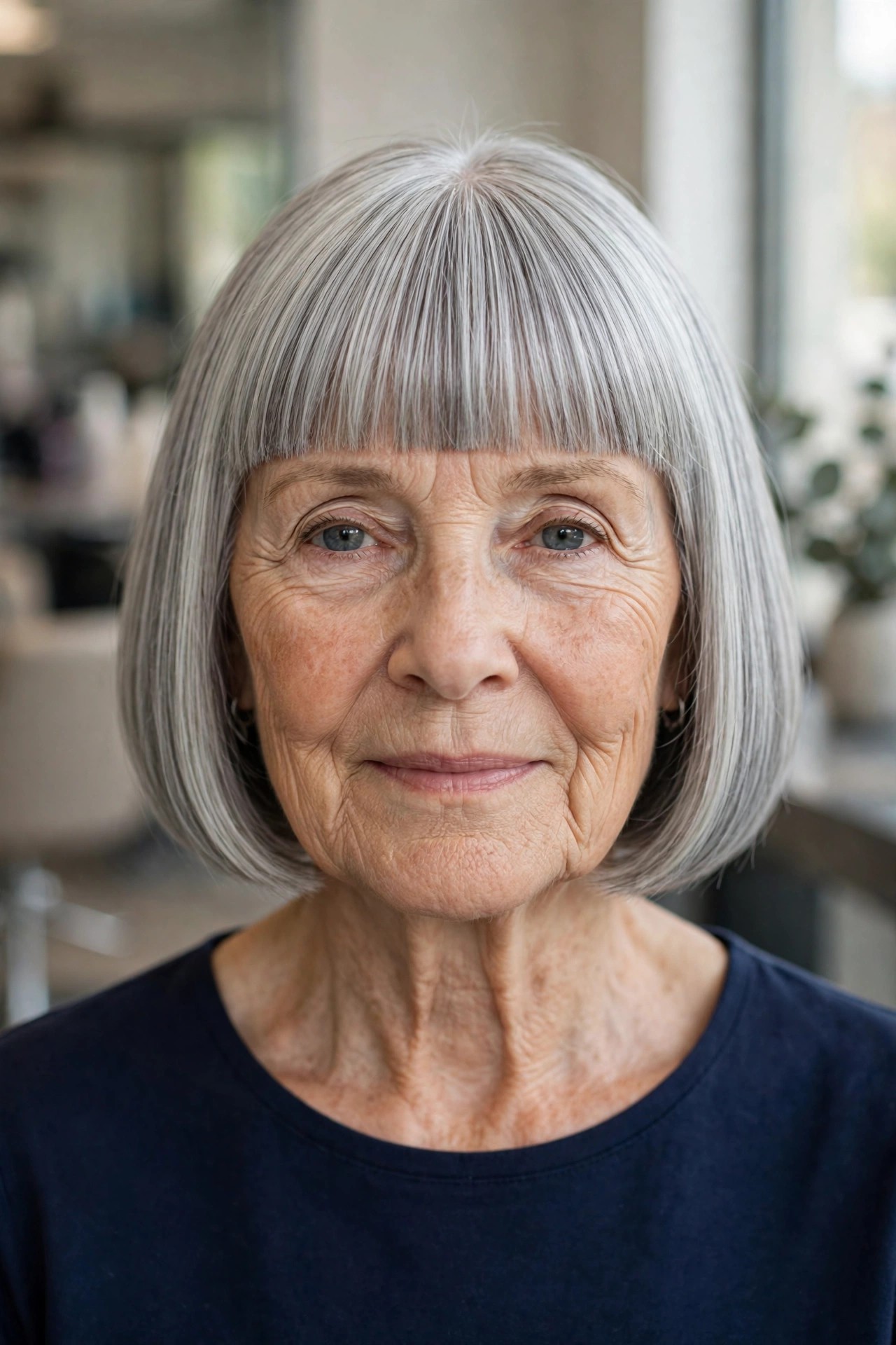 Classic Chin-Length Bob with Full Blunt Bangs - bob with bangs for a woman over 60