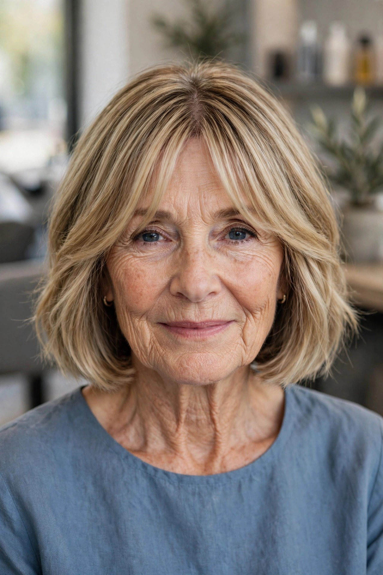 Curtain Bangs with a Just-Above-Shoulder Long Bob - bob with bangs for a woman over 60