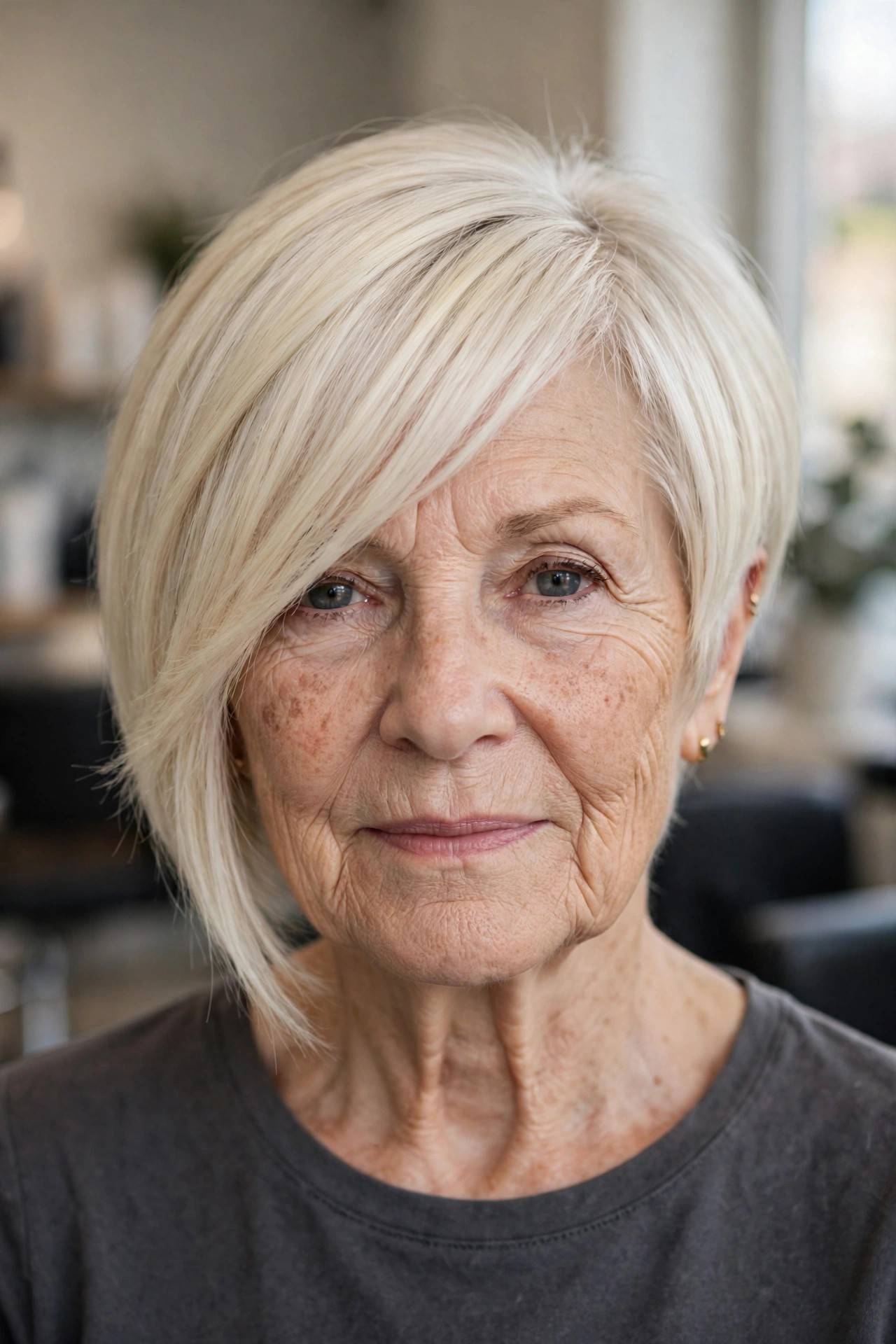 Asymmetrical Bangs with an Angled Bob - bob with bangs for a woman over 60