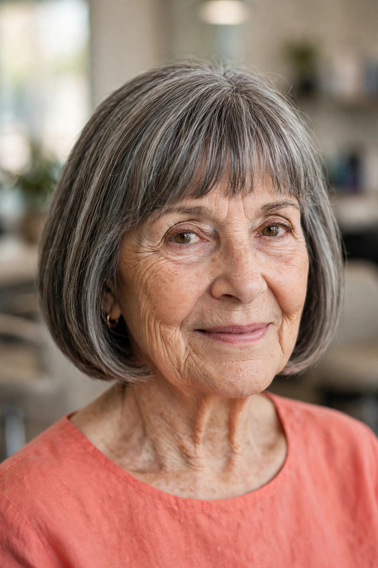 Soft Blunt Bangs with a Gray-Blending Bob - bob with bangs for a woman over 60