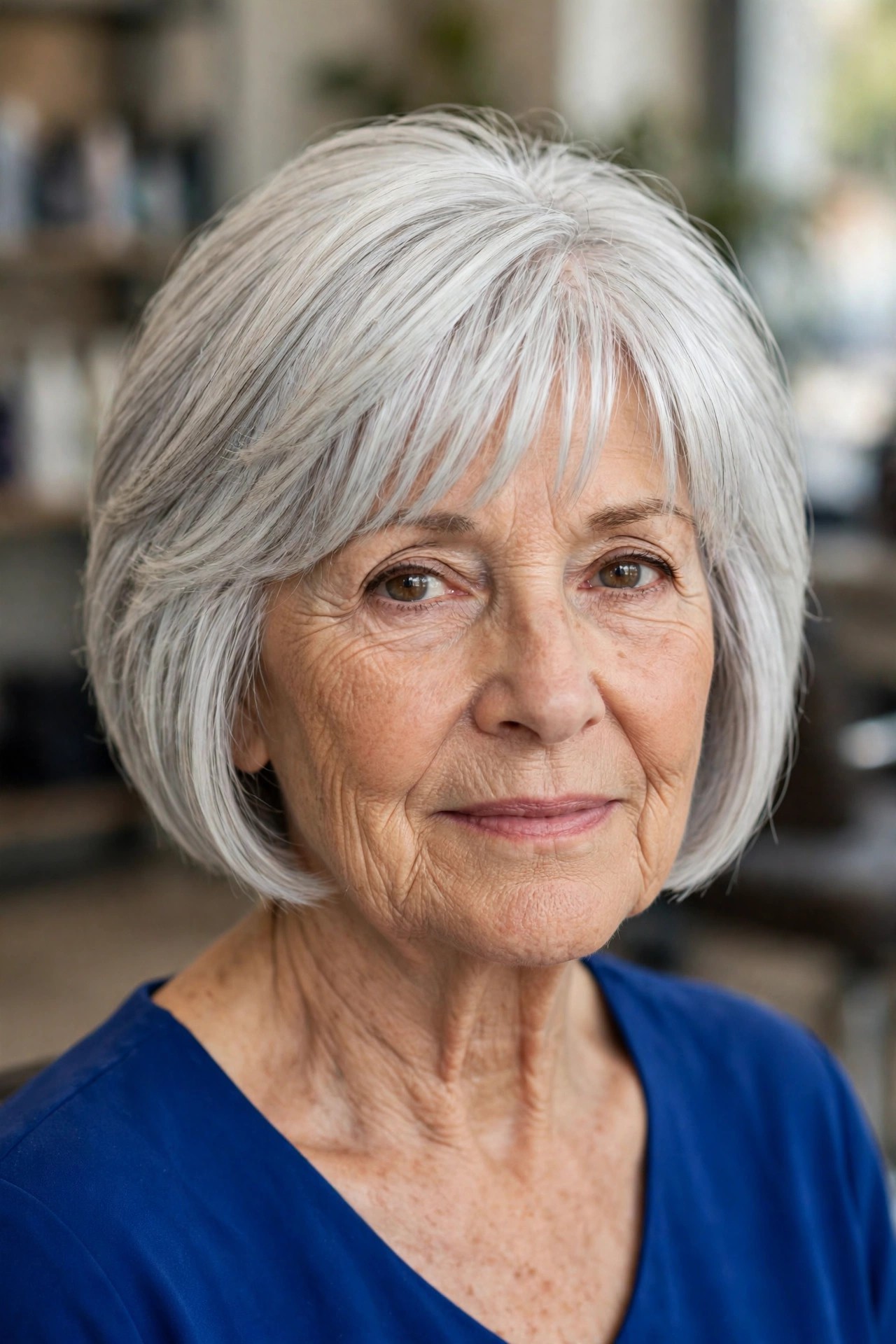 Tapered Bangs with a Short Stacked Bob - bob with bangs for a woman over 60