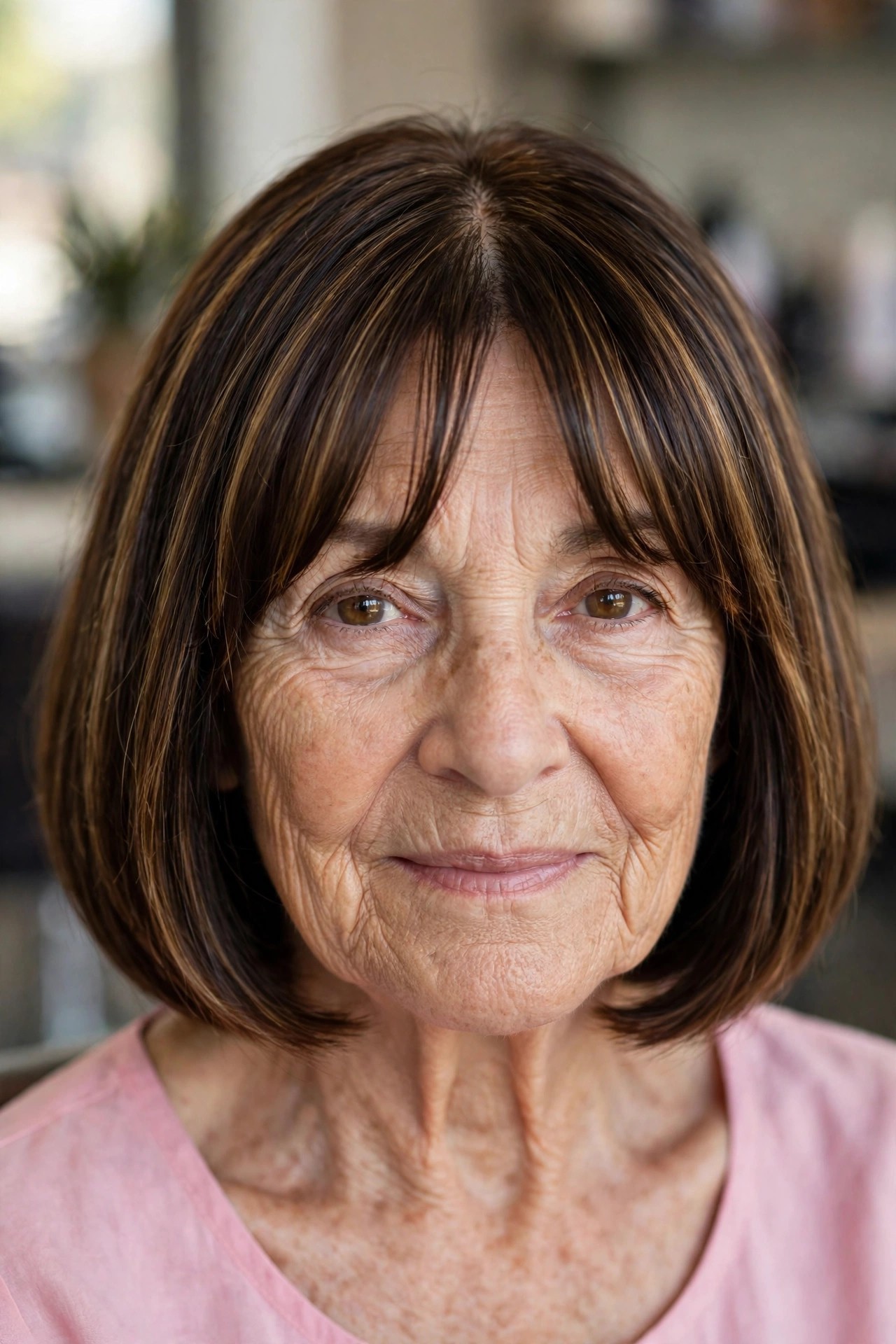 Split Fringe with a Smooth Highlighted Bob - bob with bangs for a woman over 60