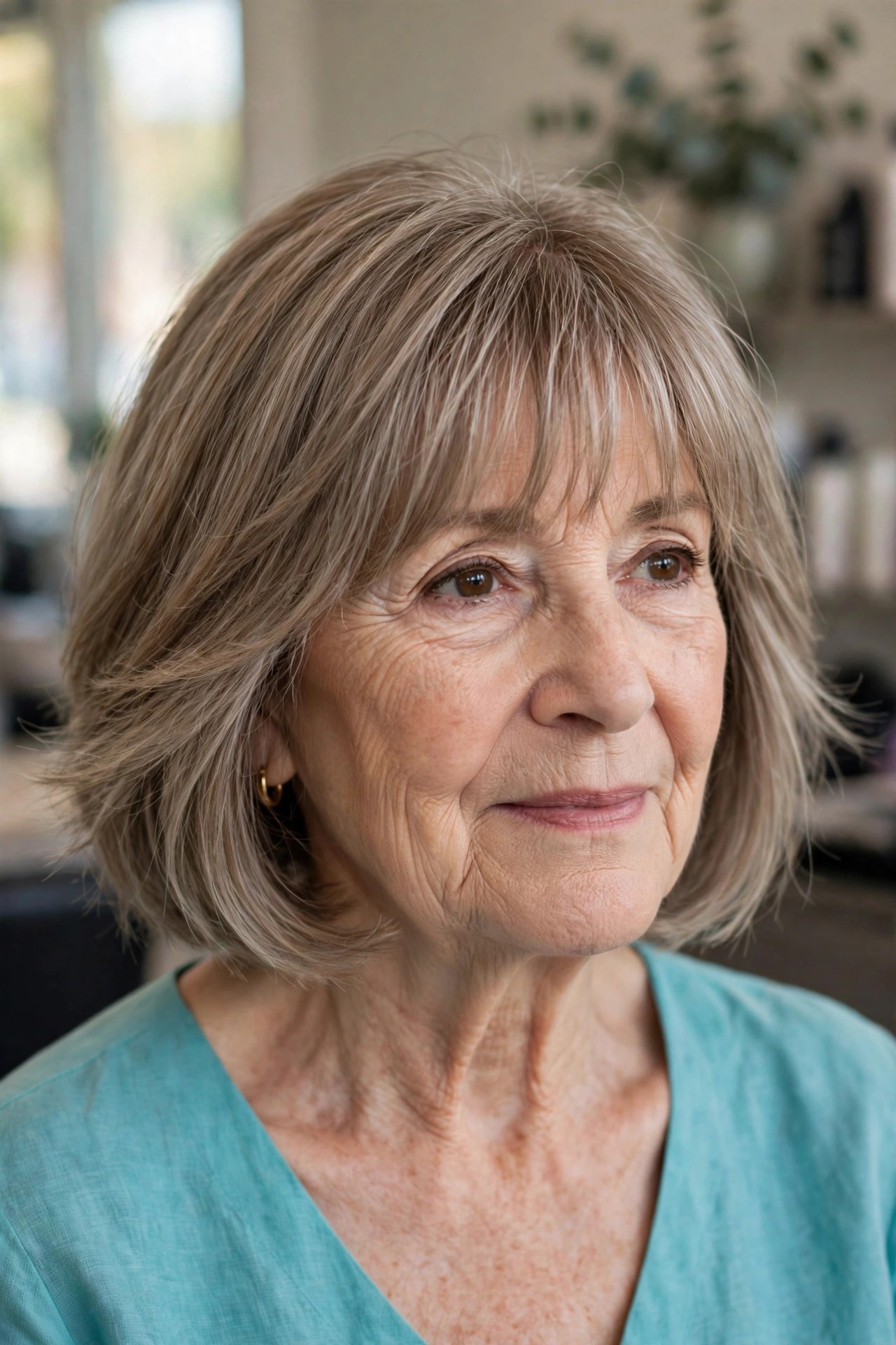 Long Wispy Bangs with a Feathered Bob - bob with bangs for a woman over 60