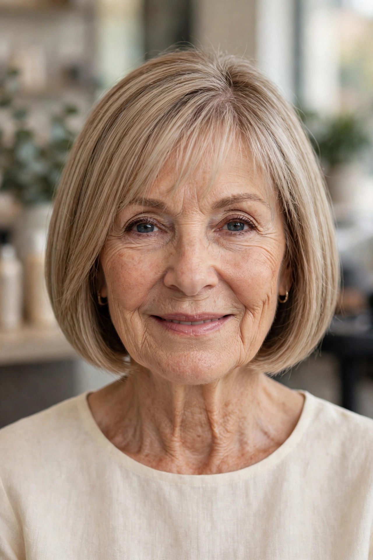 Wispy Bangs with a Sleek Jaw-Length Bob - bob with bangs for a woman over 60