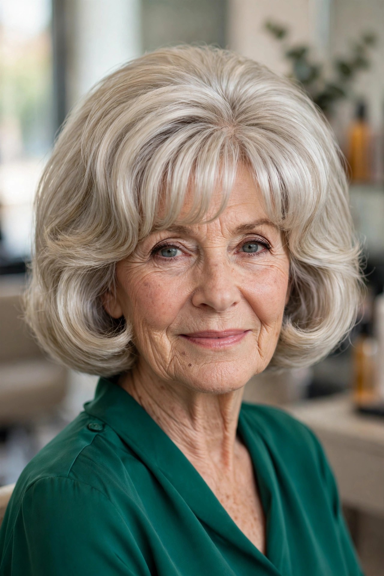 Bardot-Style Curtain Bangs with a Voluminous Blowout Bob - bob with bangs for a woman over 60