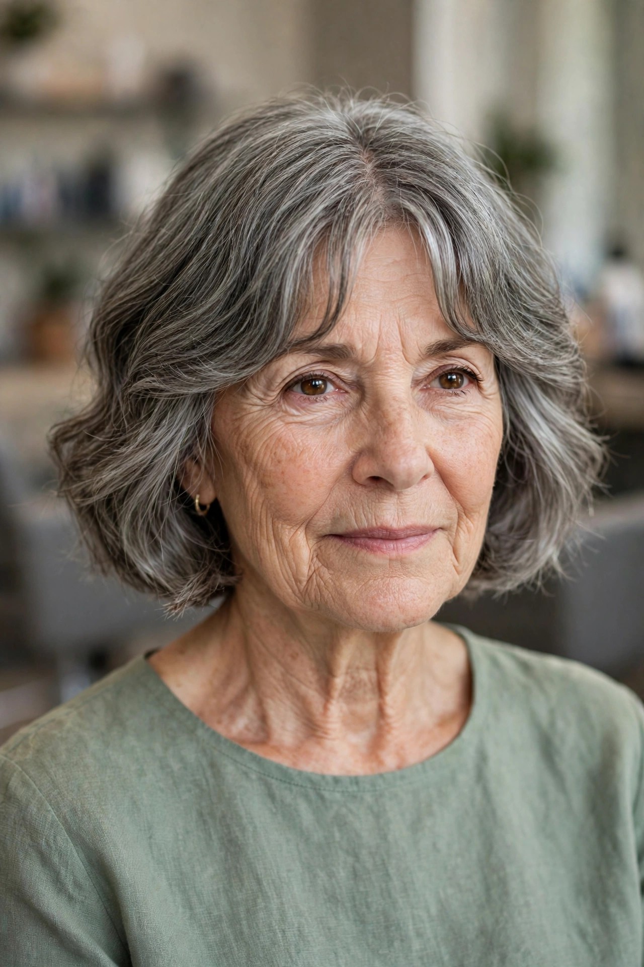 Curtain Bangs with a Soft Wavy Bob - bob with bangs for a woman over 60