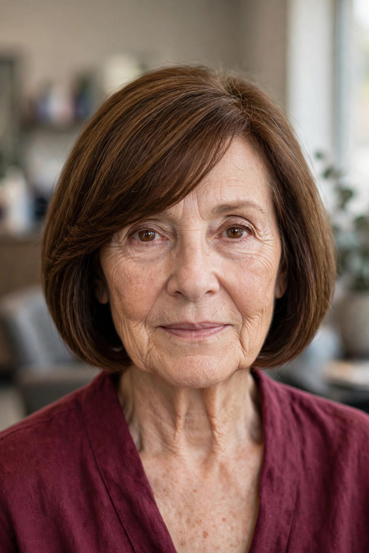 Side-Swept Bangs with an A-Line Bob - bob with bangs for a woman over 60